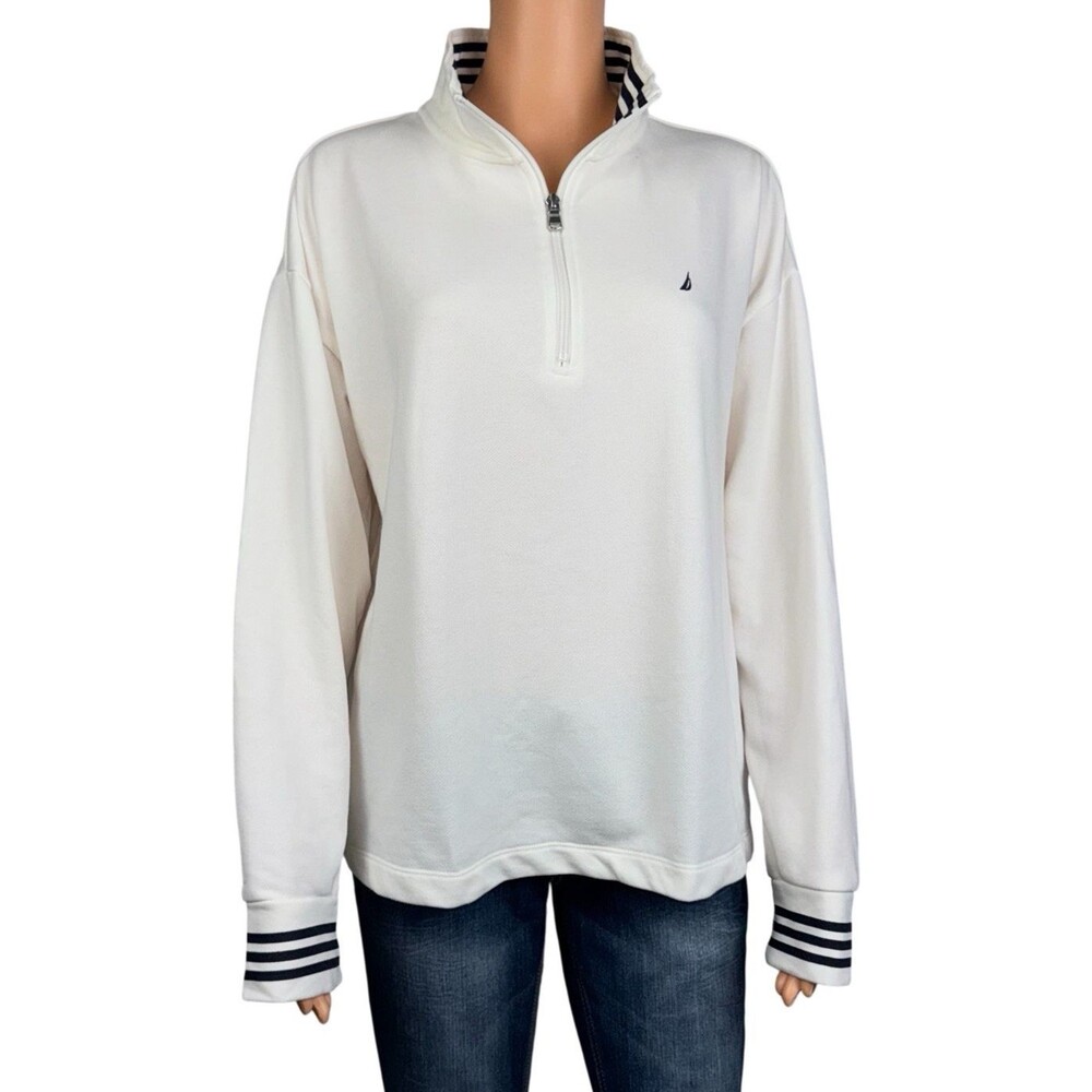 Nautica Womens Large Pullover Sweatshirt Shirt Top Golf Preppy Quarter Zip White